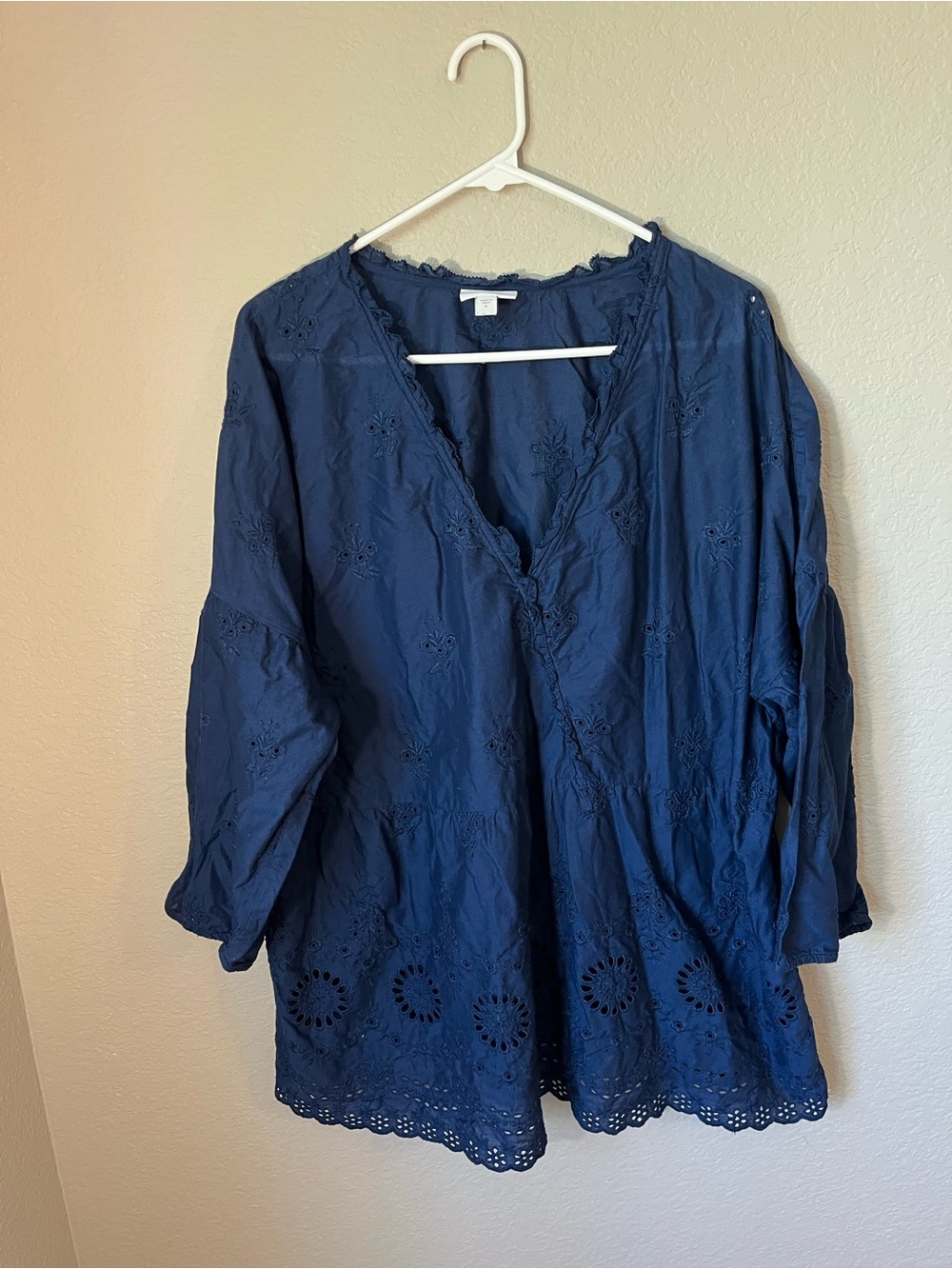J.Jill XL Navy Blue Cotton Eyelet Embroidered Peasant Tunic Boho Blouse Coastal